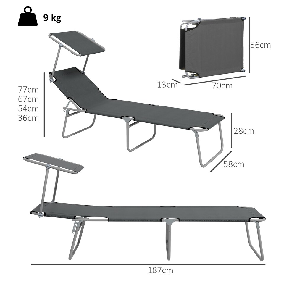 image 1 of Outsunny Folding Sun Lounger Set of 2 w/ Sunshade Adjustable Backrest Grey