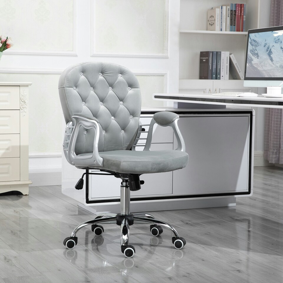 image 1 of Vinsetto Office Chair Velour Diamond Tufted Padded Ergonomic 360° Swivel Grey