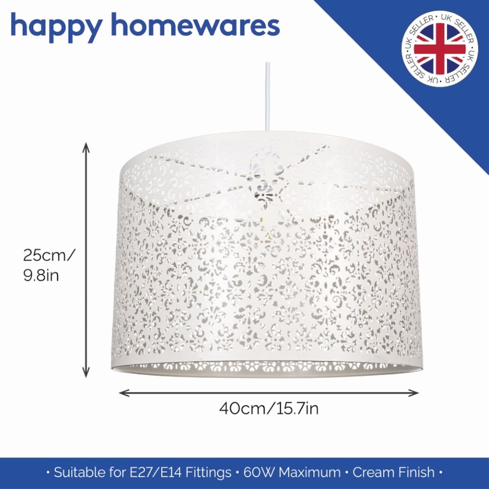 image 1 of Moroccan Designed Large Cream Metal Pendant Light Shade with Floral Decoration | Cream | Cream | 1