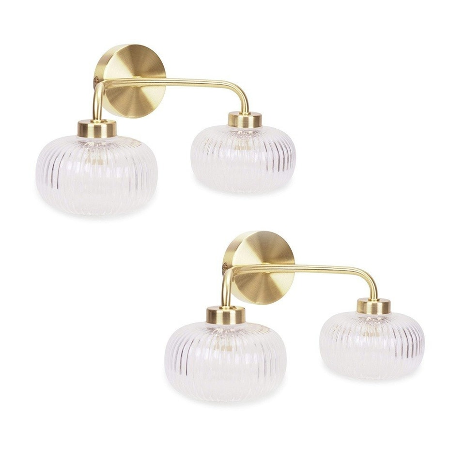 image 1 of ValueLights Amaia Pair of Brushed Gold IP44 Rated 2 Way Clear Ribbed Glass Wall Lights