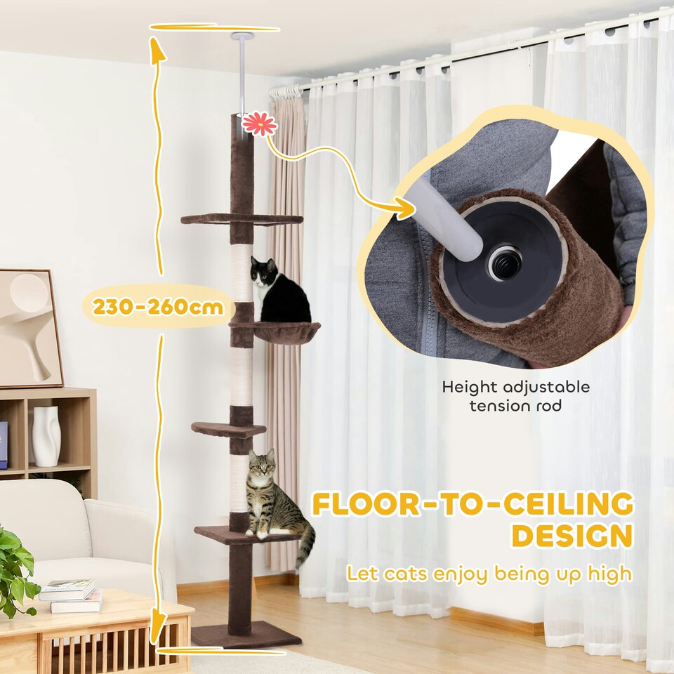 image 1 of PawHut Floor to Ceiling Cat Tree 5-Tier Climbing Tower Scratching Post Brown