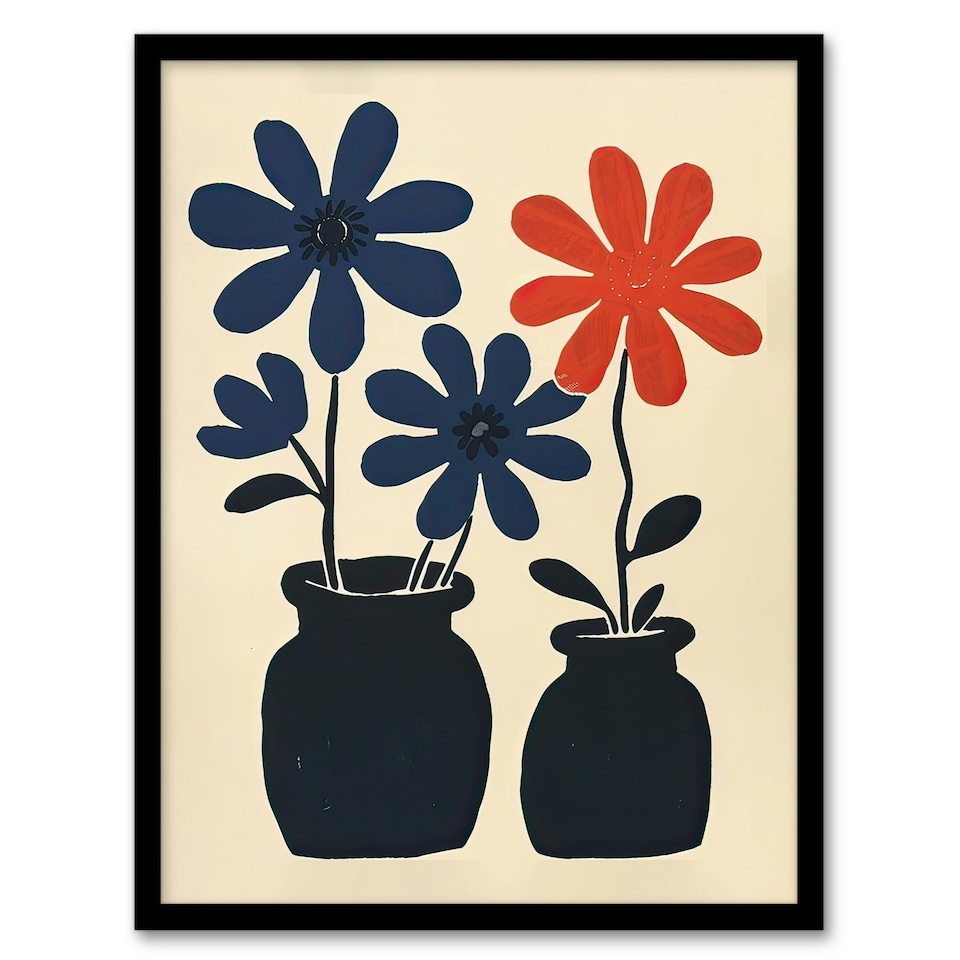 image 1 of Simple Red Daisy Flowers Pots Folk Art Mattise Black Framed Wall Art Print A4