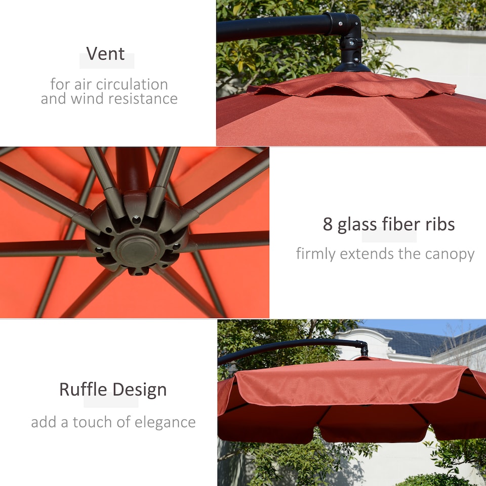 image 1 of Outsunny 2.7m Garden Banana Parasol Cantilever Umbrella with Crank Handle and Cross Base for Outdoor, Hanging Sun Shade, Wine Red