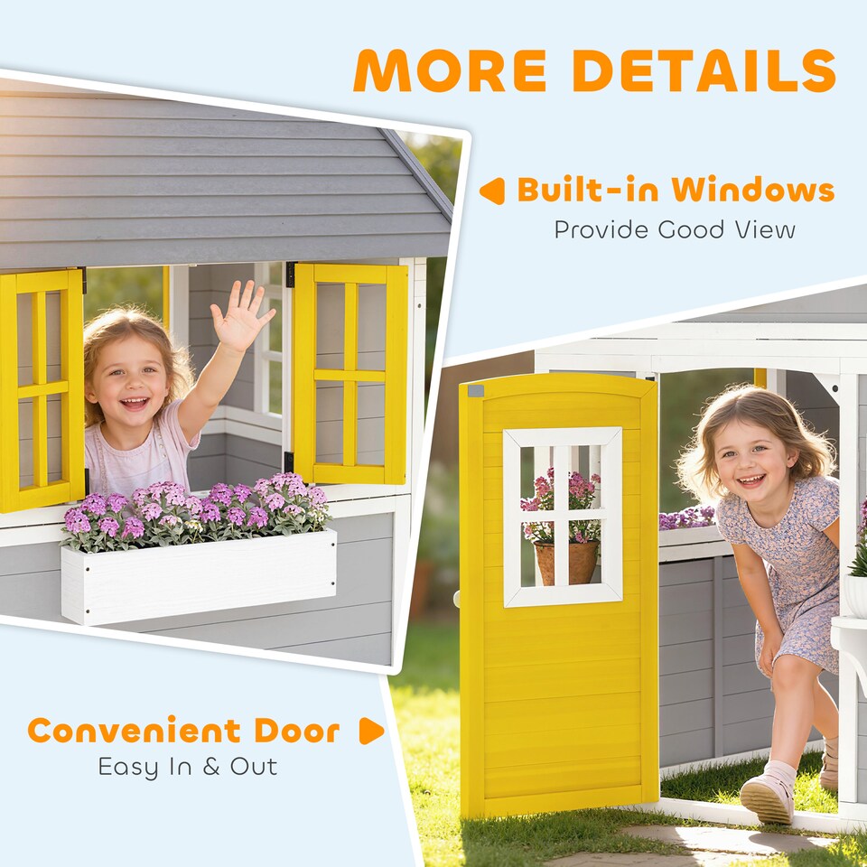 image 1 of Outsunny Wooden Playhouse with Doors, Windows, Plant Pots for Kids - Grey