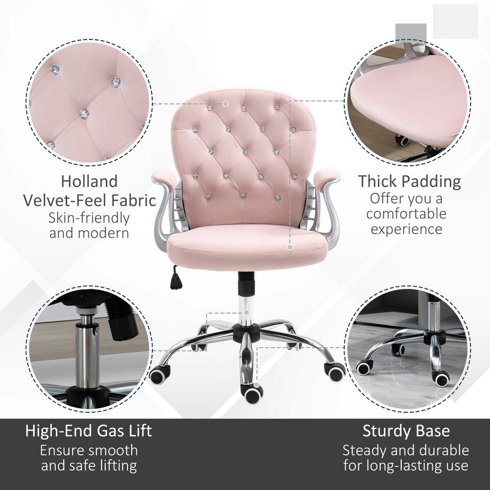 image 1 of Vinsetto Office Chair Velour Diamond Tufted Padded Ergonomic 360° Swivel Pink