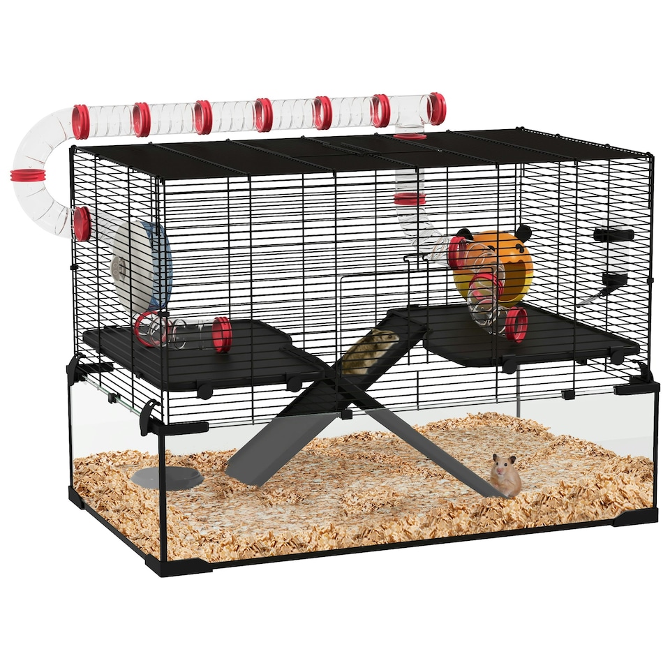 image 1 of PawHut Hamster Cage w/ Tunnels, Tubes, Ramps, Platforms, Hut, 78.5 x 48.5 x 57cm
