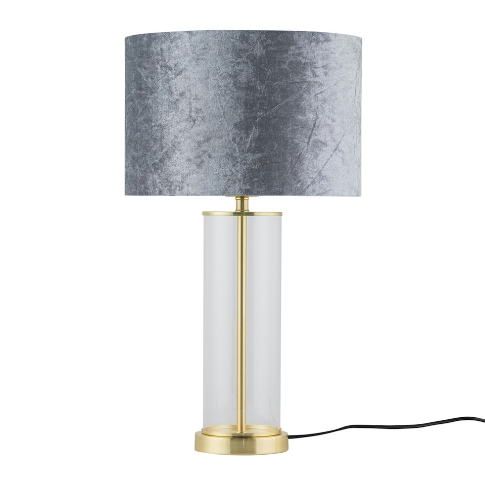 image 1 of Set of 2 Aura - Satin Brass Lamps with Grey Crushed Velvet Shades Bronze | Grey