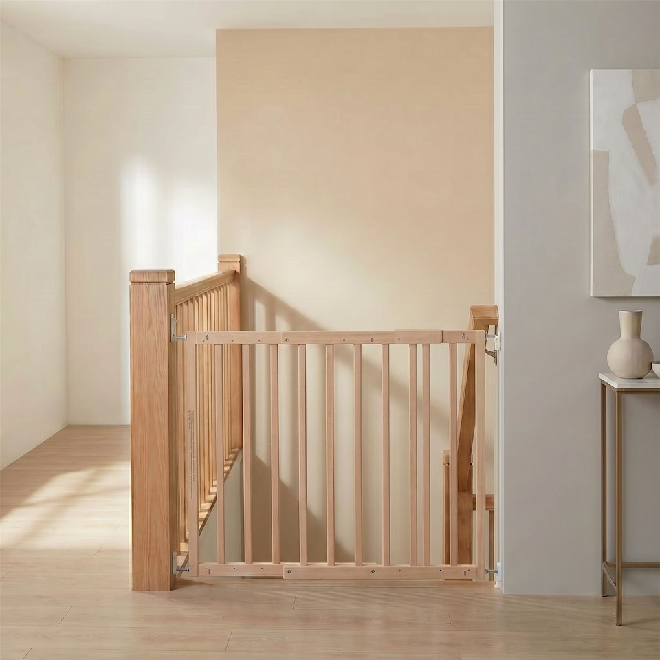image 1 of Safetots Top of The Stairs Screw Fitted Stair Gate, Natural Wooden, 63.5cm - 105.5cm, Wood Baby Gate, Safety Gate | Cream | 1