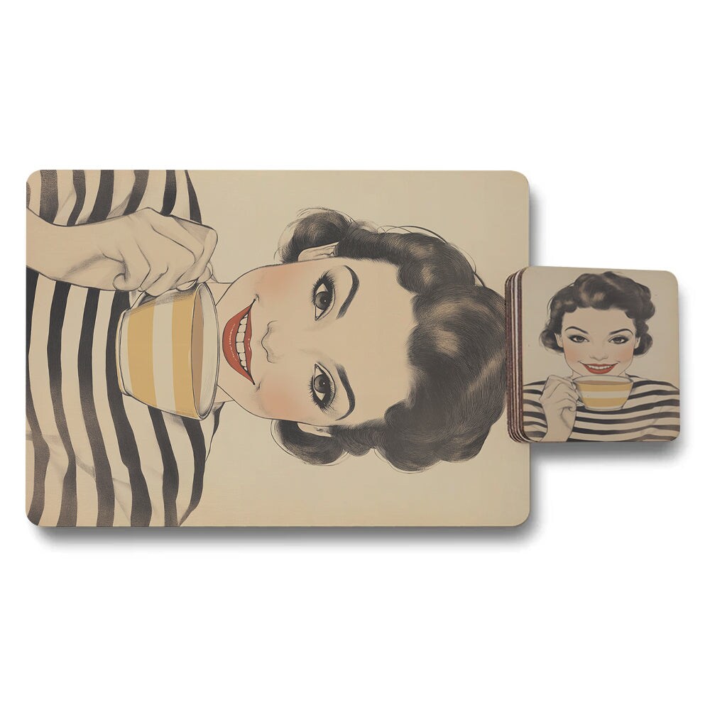 Vintage Stripe Artwork Placemat And Coaster Set With Wood Bottom Limited Edition Collection