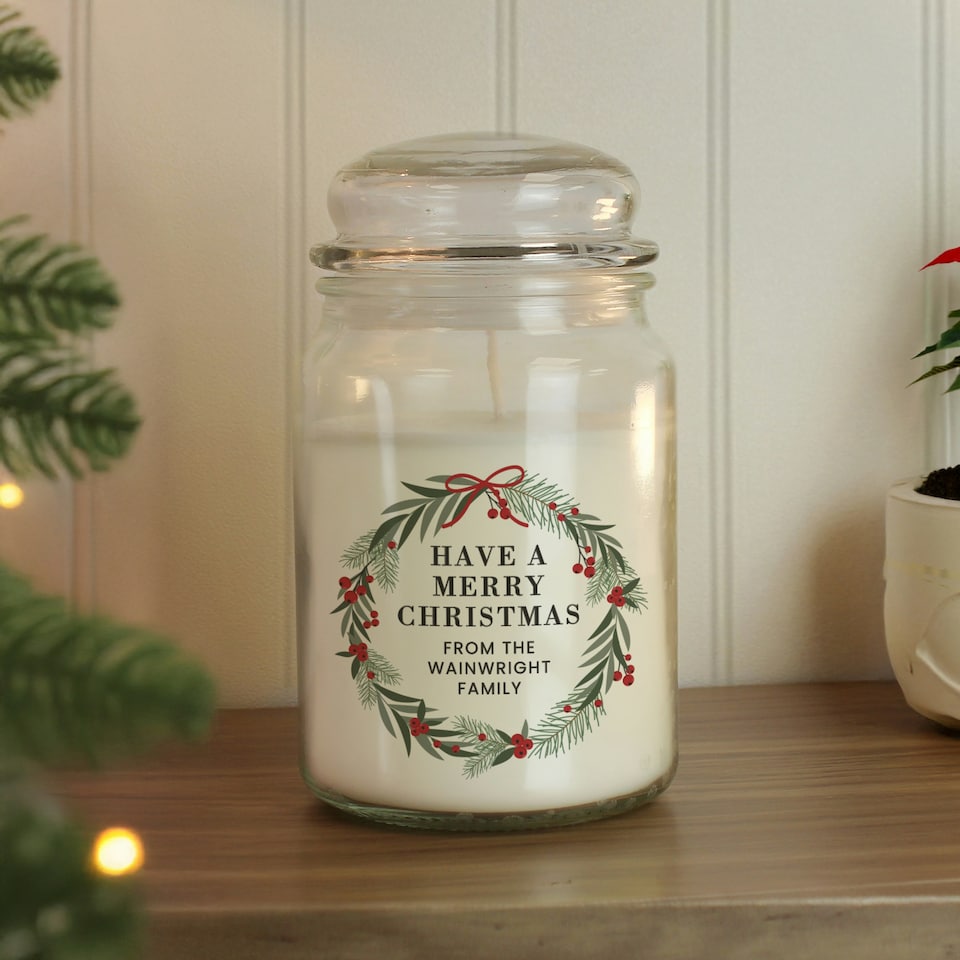image 1 of Personalised Christmas Wreath Large Candle Jar