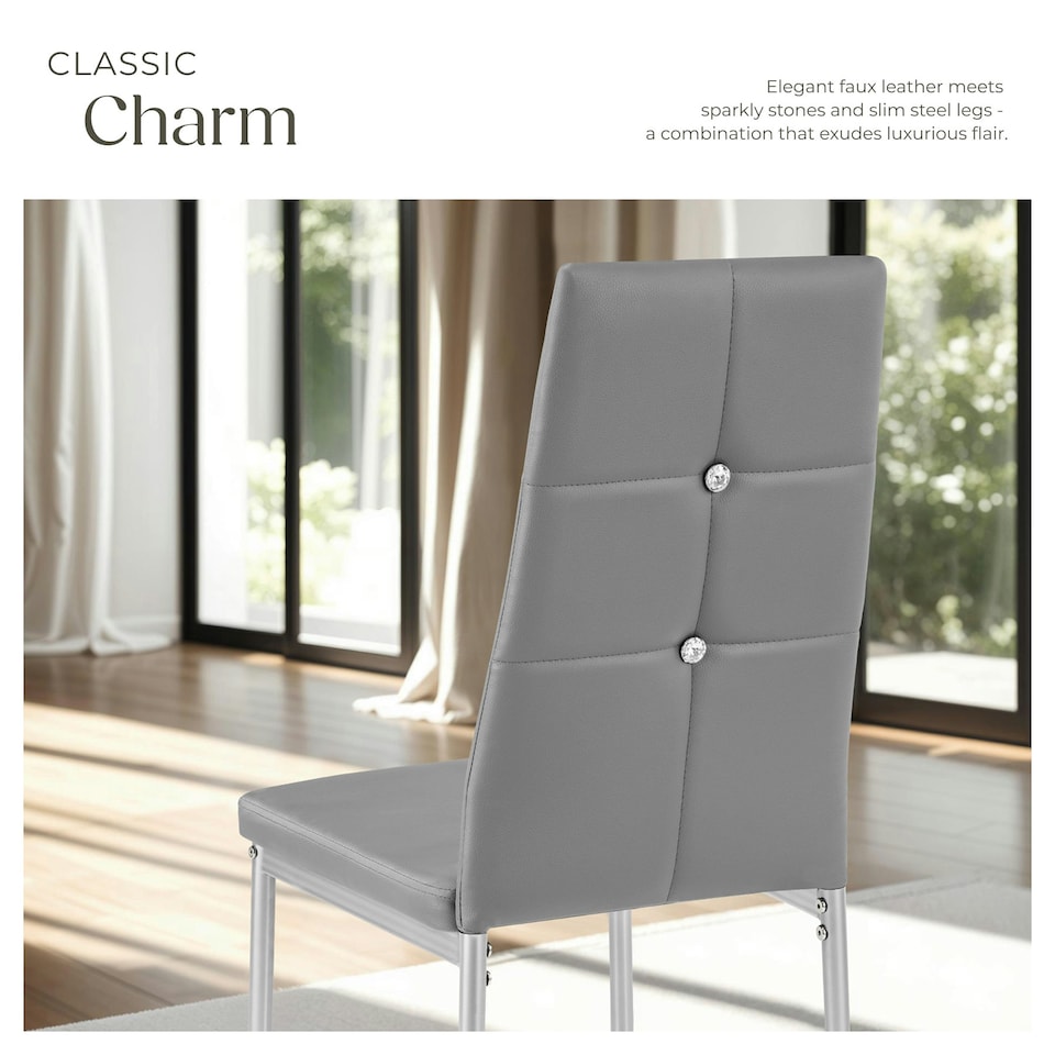 image 1 of Dining Chair Set - high backrest, slim steel legs & rhinestone highlights - Set of 8 Grey