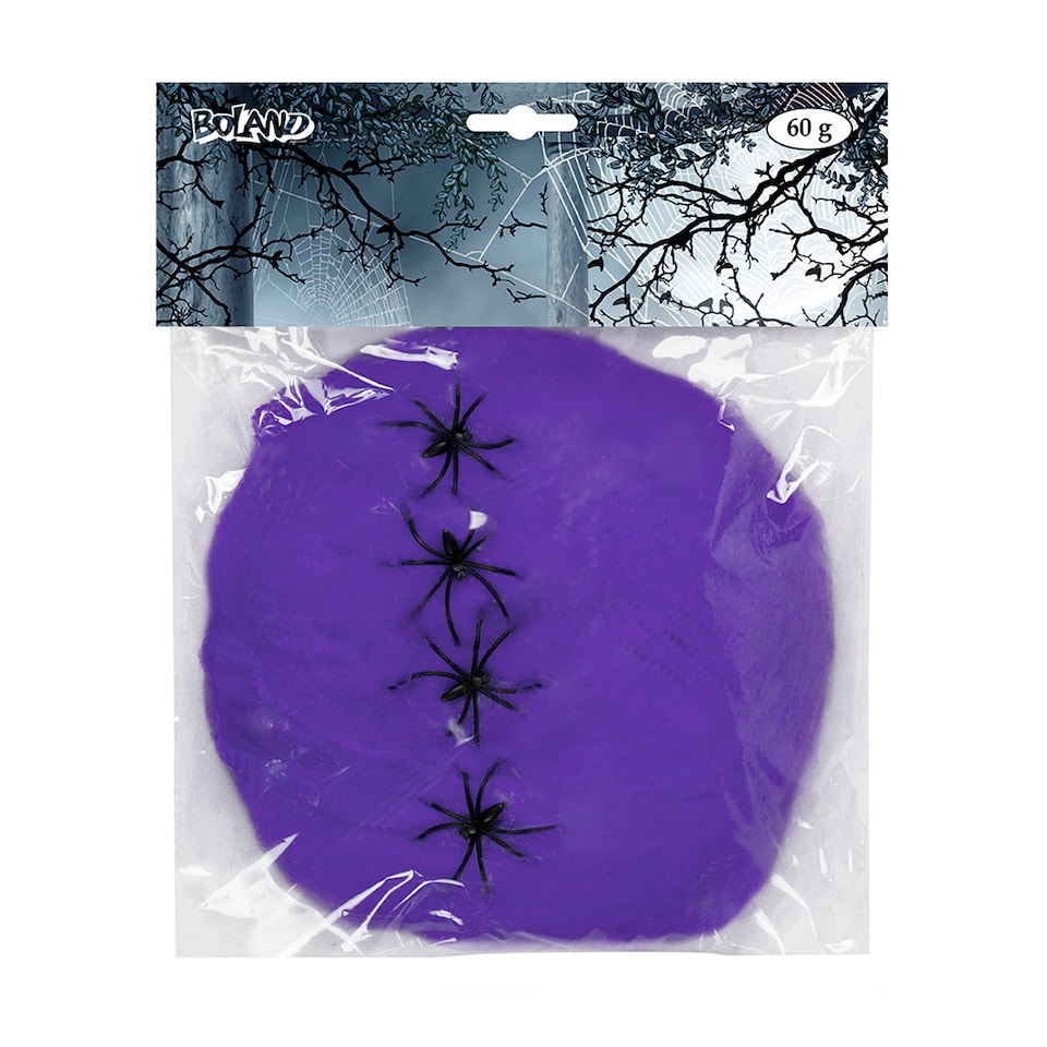 image 1 of Purple Cobweb with Plastic Spiders Halloween Decoration 60g