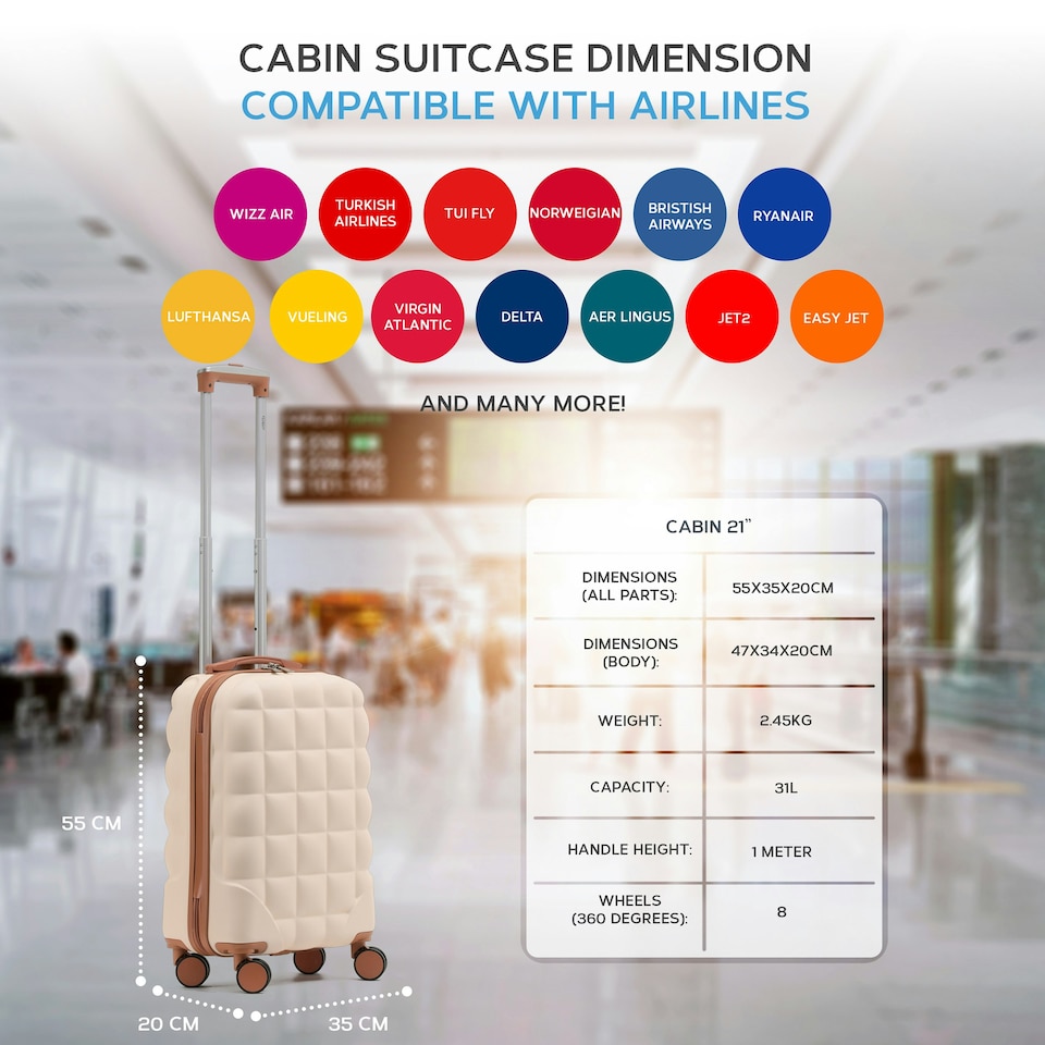 image 1 of Flight Knight Bubble Suitcase - Ryanair easyJet Jet2 Approved - 8 Wheel Carry Cabin Hardcase 55x35x20cm Cream | Cream | Cabin Bag