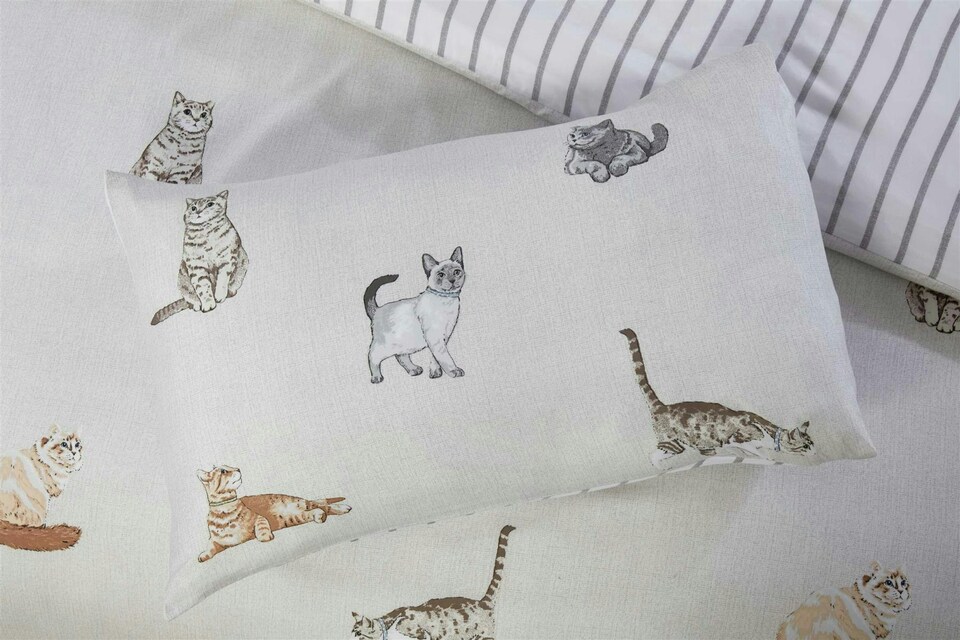 image 1 of Purrrfect Duvet Cover Set Cats and Stripes Bedding Natural - Single