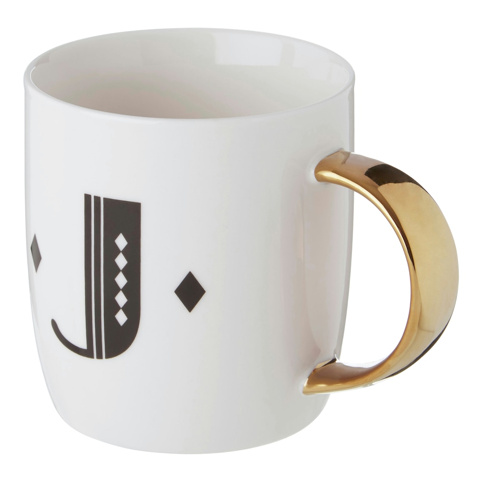 image 1 of Interiors By Premier Diamond Deco J Letter Monogram Mug,Reusable Coffee Cup,White Glazed Travel Mug,Gold Finish Personalized Cup