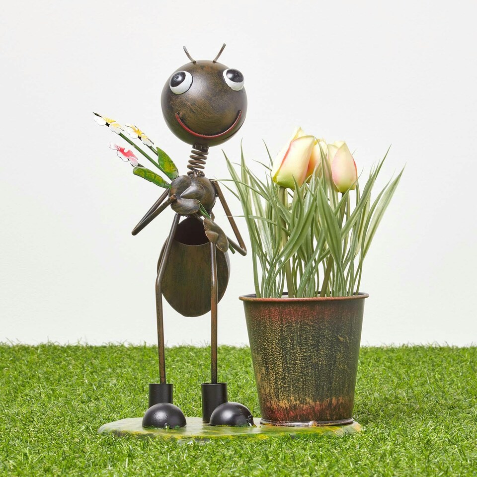 image 1 of Homescapes Metal Ant with Bouquet and Flower Pot - 32 cm Tall