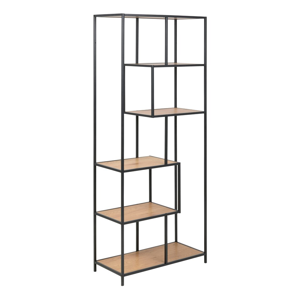 image 1 of Seaford Tall Black Metal Bookcase with 5 Oak Shelves