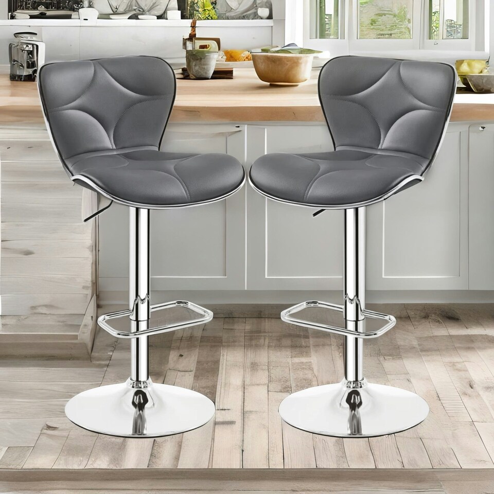 image 1 of Set Of 2 Height Adjustable 360 Swivel Barstools With Shell Backrest Dark Grey Grey