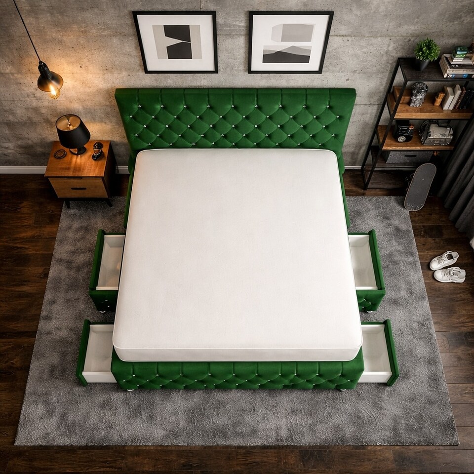 image 1 of Chesterfield 3ft green plush divan bed headboard and footboard set 2 Drawers Right Side Laying in Bed