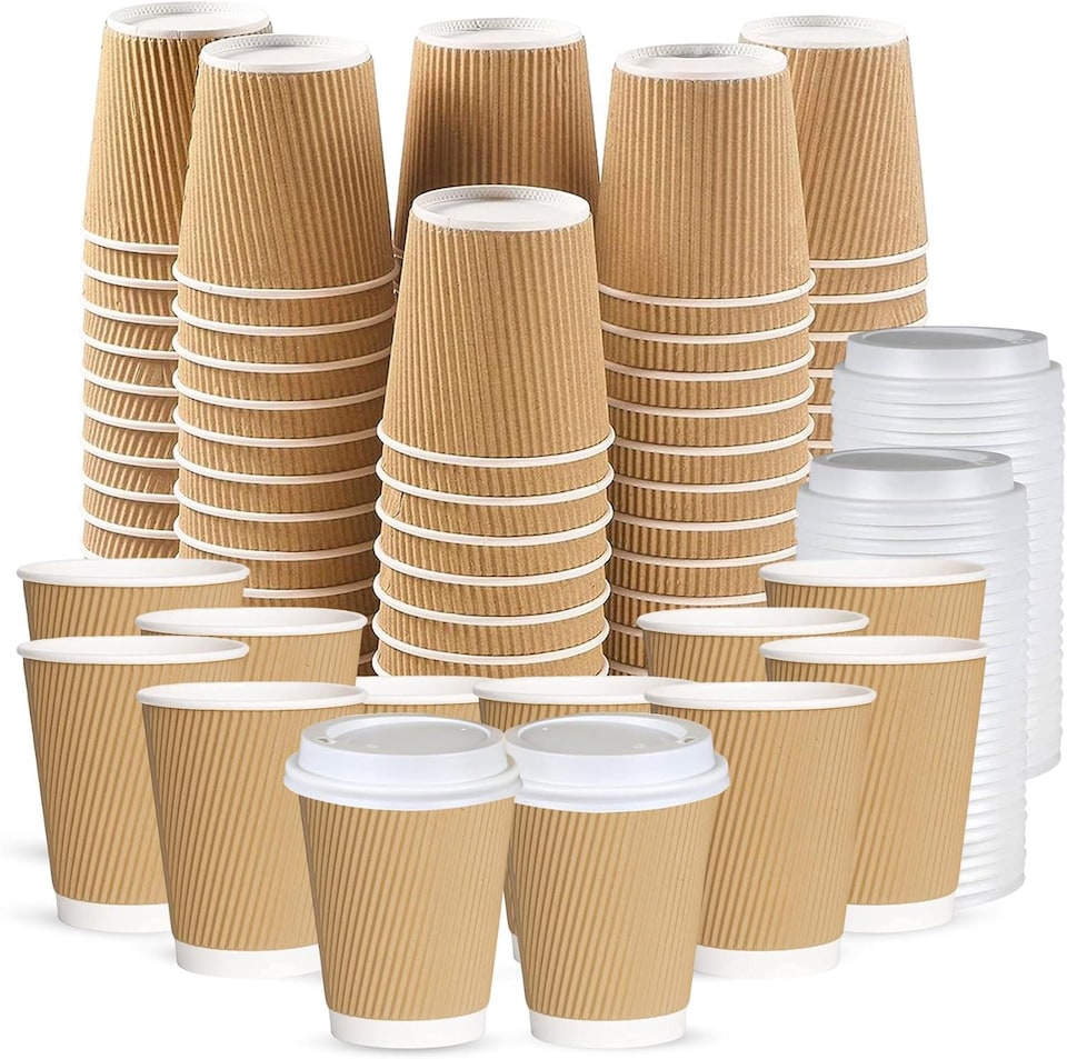 image 1 of ECONX 8oz Kraft Disposable Coffee Cups With White Lid Ripple Insulated Paper Cups 100pc