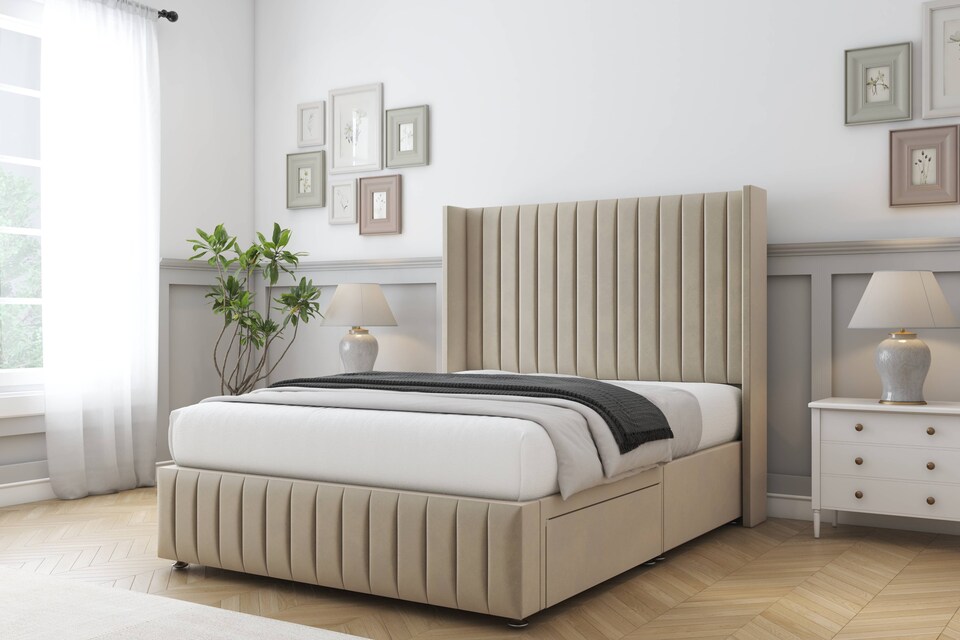image 1 of Sloomy Marlborough Almond Coniston Divan Bed With Mattress 2 Drawers Footend With 54" Wingback Headboard & 12" Matching Footboard 4' Small Double | Cream | Almond | Small Double | 1