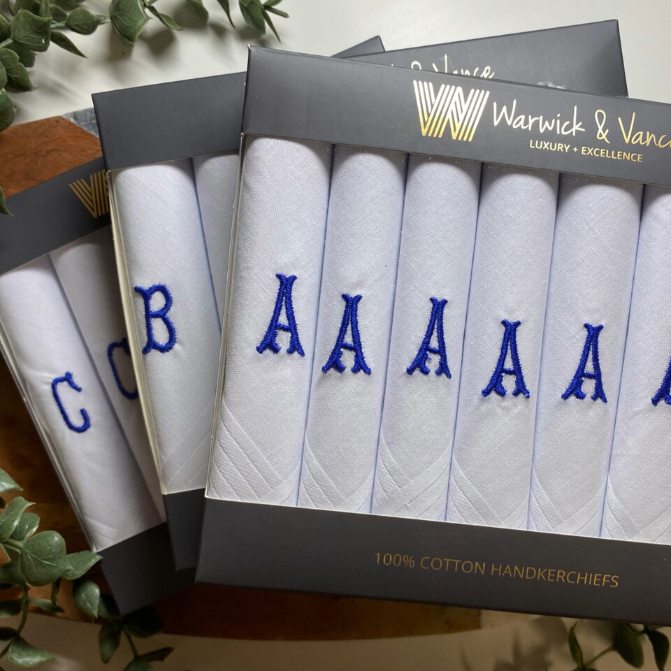 image 1 of Warwick & Vance 7 Pack White Satin Bordered Handkerchiefs with Embroidered Initials, Letter D