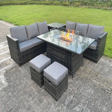 Fimous 8 Seater Outdoor Rattan Garden Furniture Gas Fire Pit Table Sets Gas Heater Lounge Dark Grey Footstool