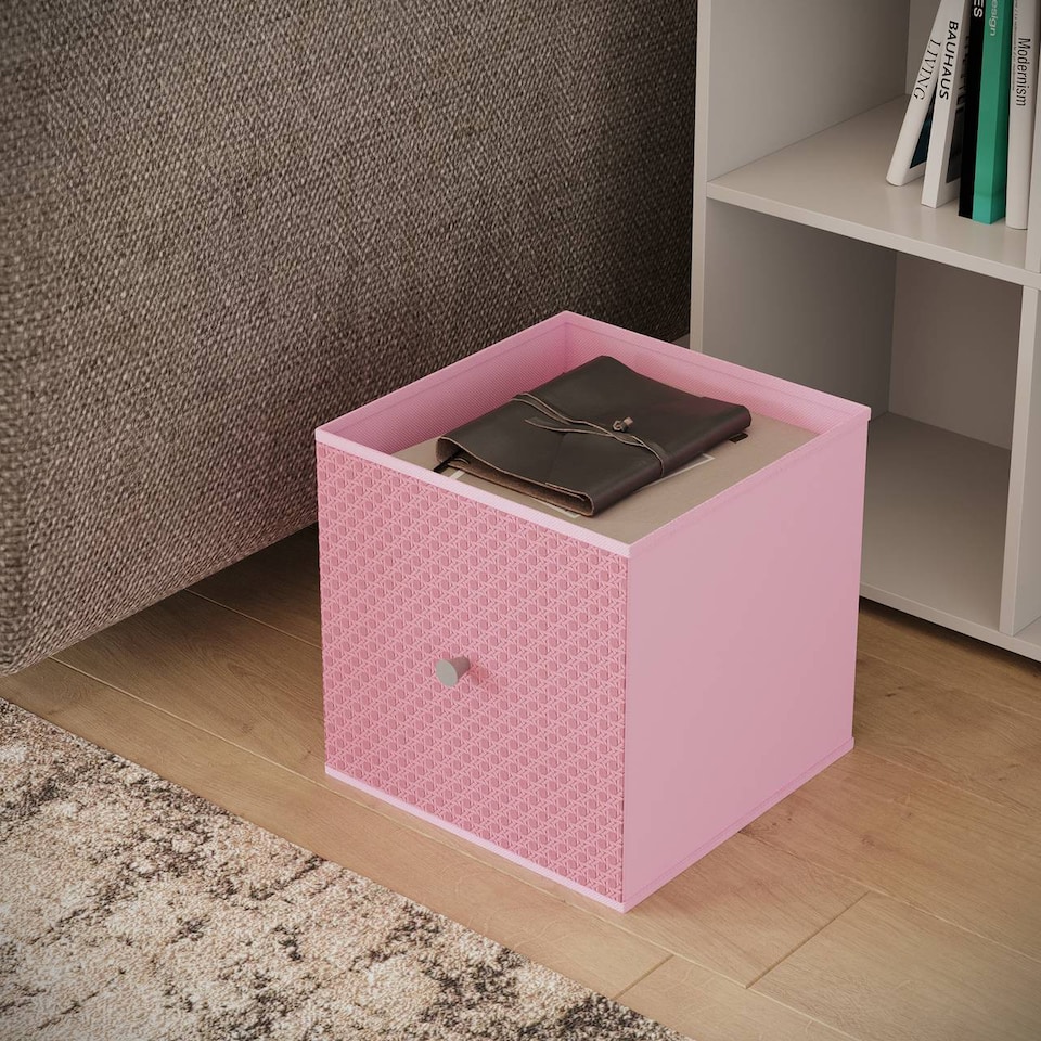 image 1 of 9 Cube Wooden Bookcase Shelving Unit with 5 Collapsible Fabric Drawers | Multi | White & Pastel Pink | 1