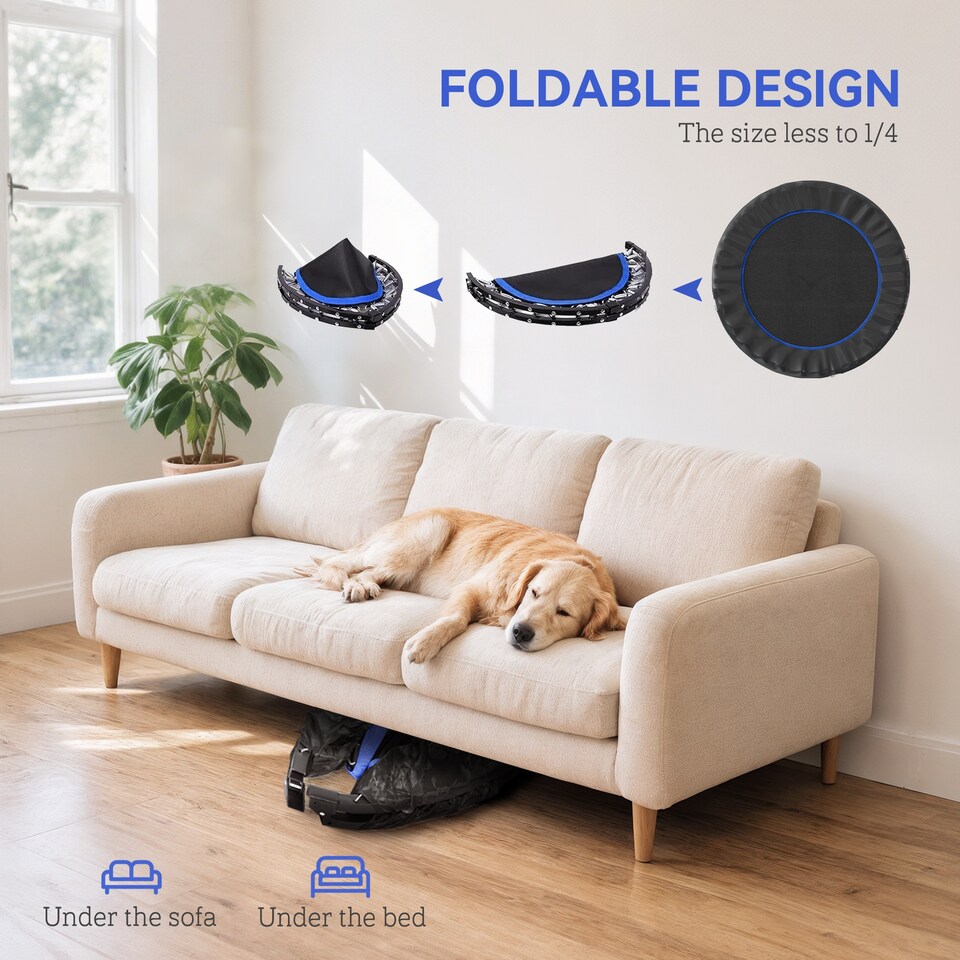 image 1 of HOMCOM 48" Foldable Mini Trampoline Fitness Trampoline Rebounder for Adults with Adjustable Foam Handle, for Indoors, Outdoors, Cardio Training, Blue | Blue
