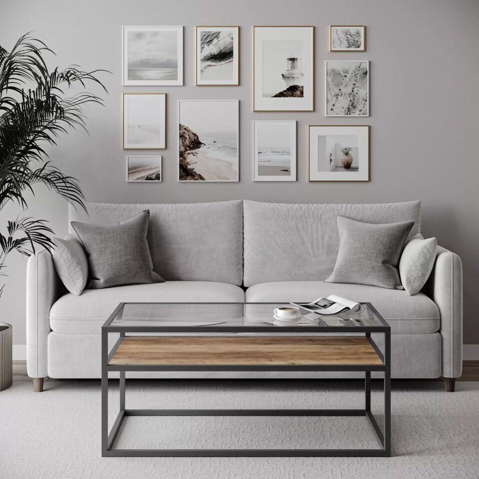 image 1 of Glass Display Top Coffee Table with Steel Frame Reversible Wooden Storage Shelf | Black | Rustic Oak