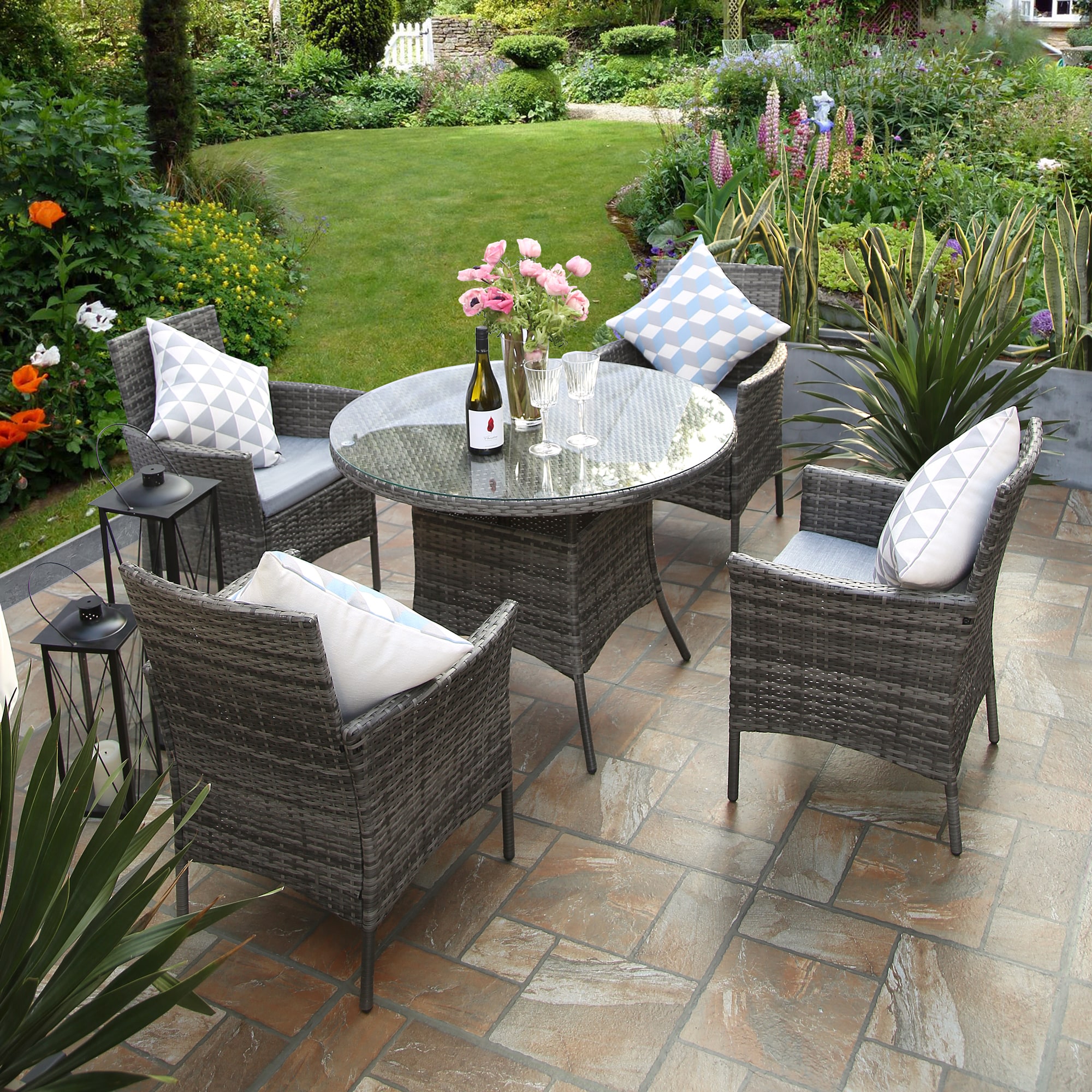 VALENCIA Rattan Dining Set 4 Seater Round Table and Chairs