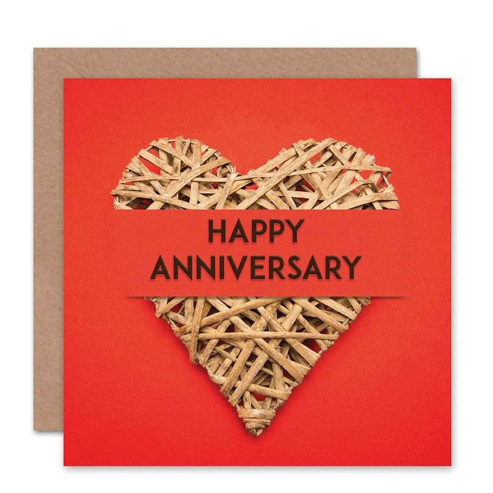 image 1 of Woven Straw Love Heart Bold Red Anniversary Card