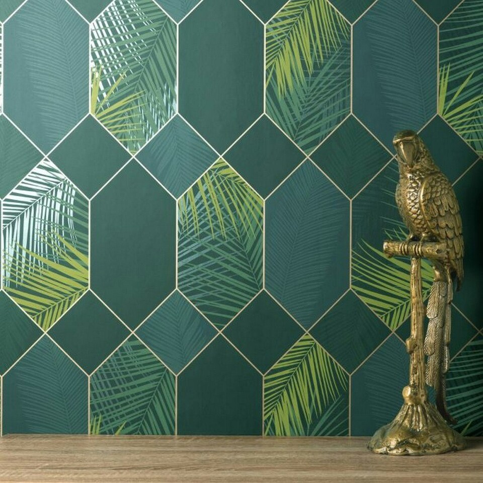 image 1 of Fine Decor Miami Geometric Leaf Wallpaper - Emerald Green/Gold - One Size Green
