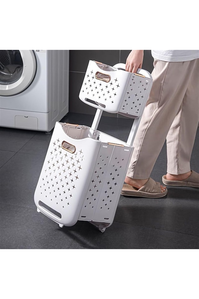 image 1 of Living and Home 2-Tier Foldable Laundry Baskets with Casters,L