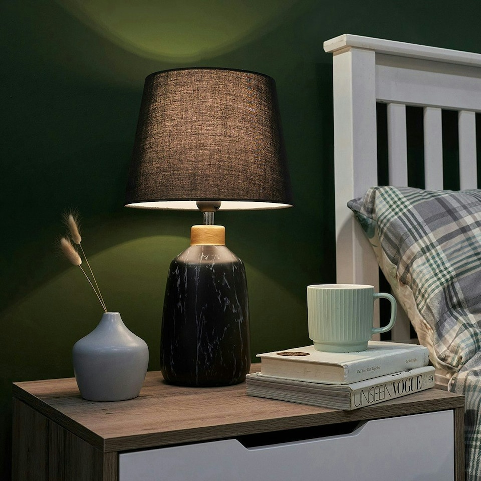 image 1 of ValueLights Selma Black Marble Effect Table lamp with Copper Cap Black Aspen
