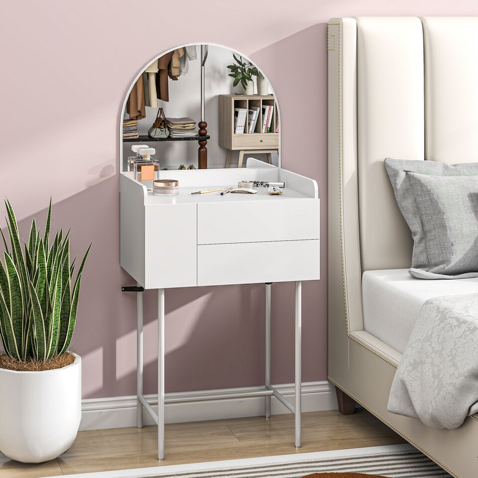 image 1 of HOMCOM Modern Dressing Table with Arched Mirror, Makeup Table with 3 Drawers, Compact Vanity Desk for Bedroom, Small Spaces, 60 x 42.5 x 131 cm, White