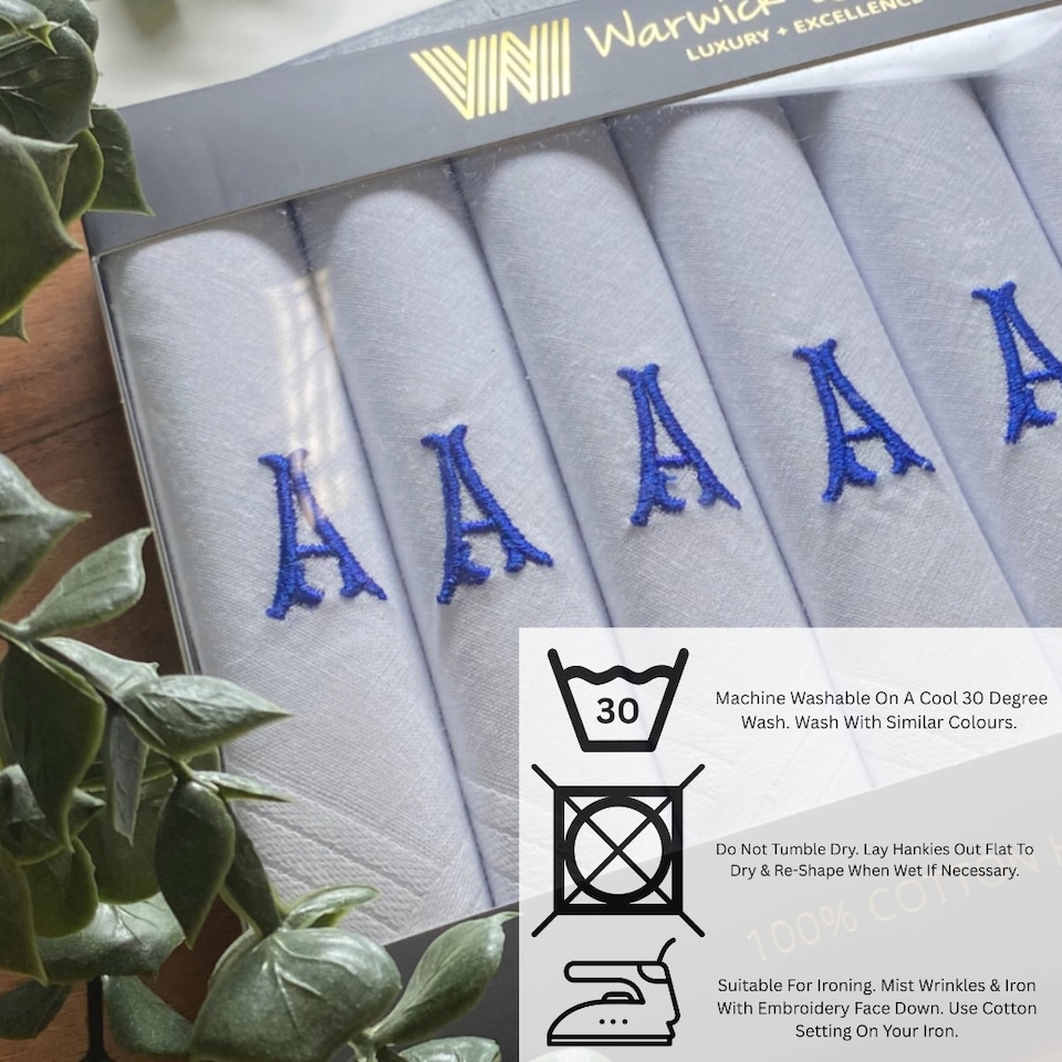 image 1 of Warwick & Vance 7 Pack White Satin Bordered Handkerchiefs with Embroidered Initials, Letter D