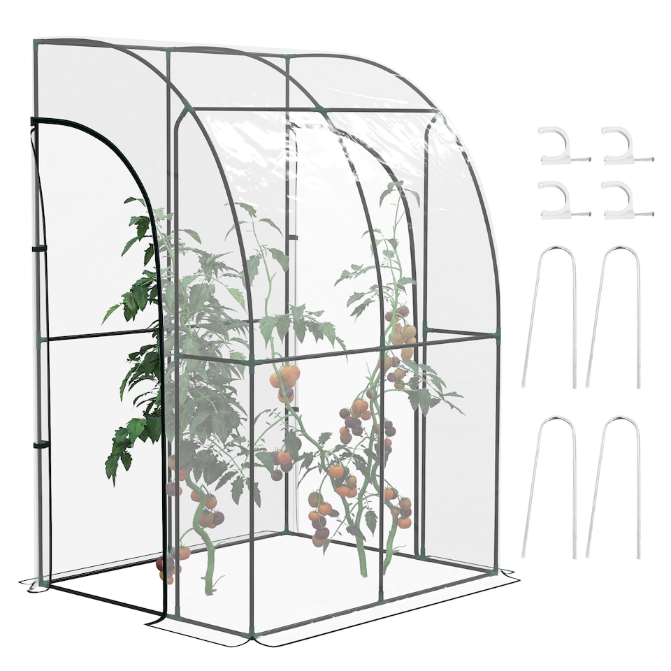 image 1 of Outsunny 143x118x212cm Walk-In Lean to Wall Tunnel Plastic Greenhouse with Doors