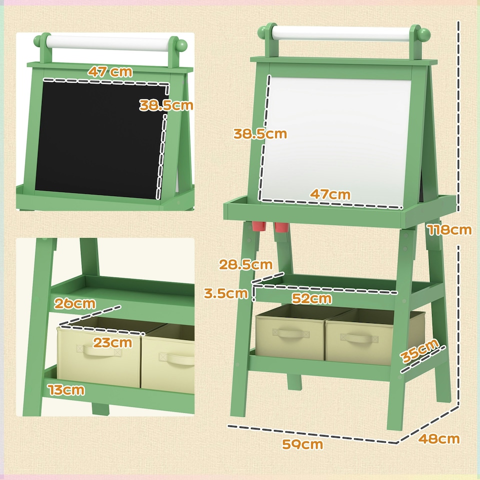 image 1 of AIYAPLAY Art Easel for Kids with Paper Roll, 3 in 1 Kids Easel Double-Sided Magnetic Whiteboard and Chalkboard with Storage Baskets, for Children 3-6 Years Green
