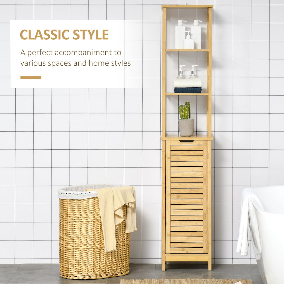image 1 of kleankin Tall Bathroom Cabinet, Slim Storage Cabinet, Tallboy Bamboo Storage Unit with 3-Tier Storage Shelves and Freestanding Organiser, Natural