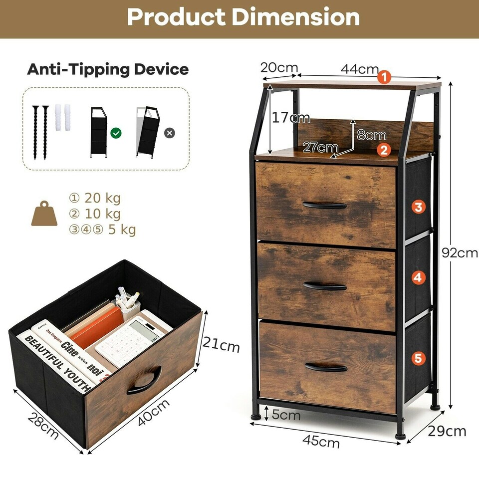 image 1 of COSTWAY 3-Drawer Storage Dresser Organizer W/ Fabric Drawers Brown