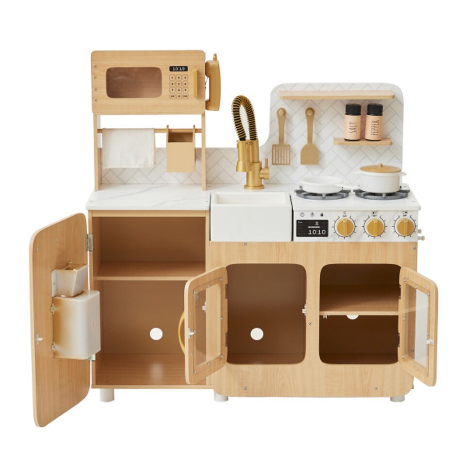 image 1 of Teamson Kids Little Chef Cyprus Wooden Play Kitchen in Oak with Marble Counter, 14 Accessories, Click Knobs, Shelves & Hooks
