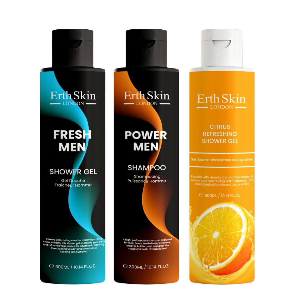 Erth Skin London Fresh Men Shower Gel 300ml + Power Men Shampoo 300ml + Citrus Refreshing Shower Gel 300ml
