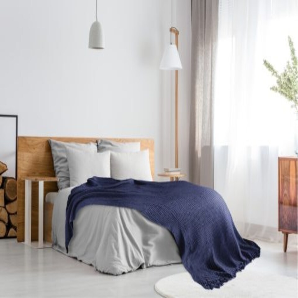 image 1 of Waffle Collection Recycled Cotton Throw in Navy (90" x 100")