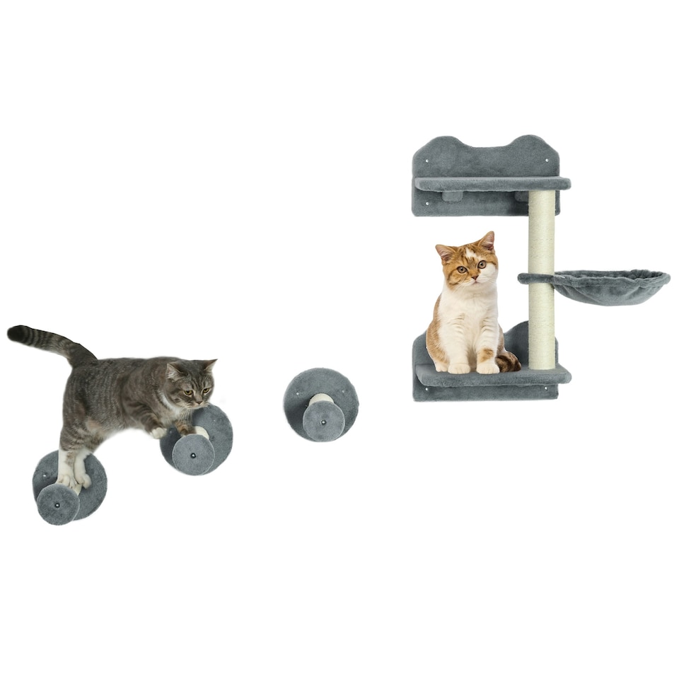 image 1 of PawHut 4pc Cat Shelves Cat Wall Furniture with Steps Scratching Post Grey
