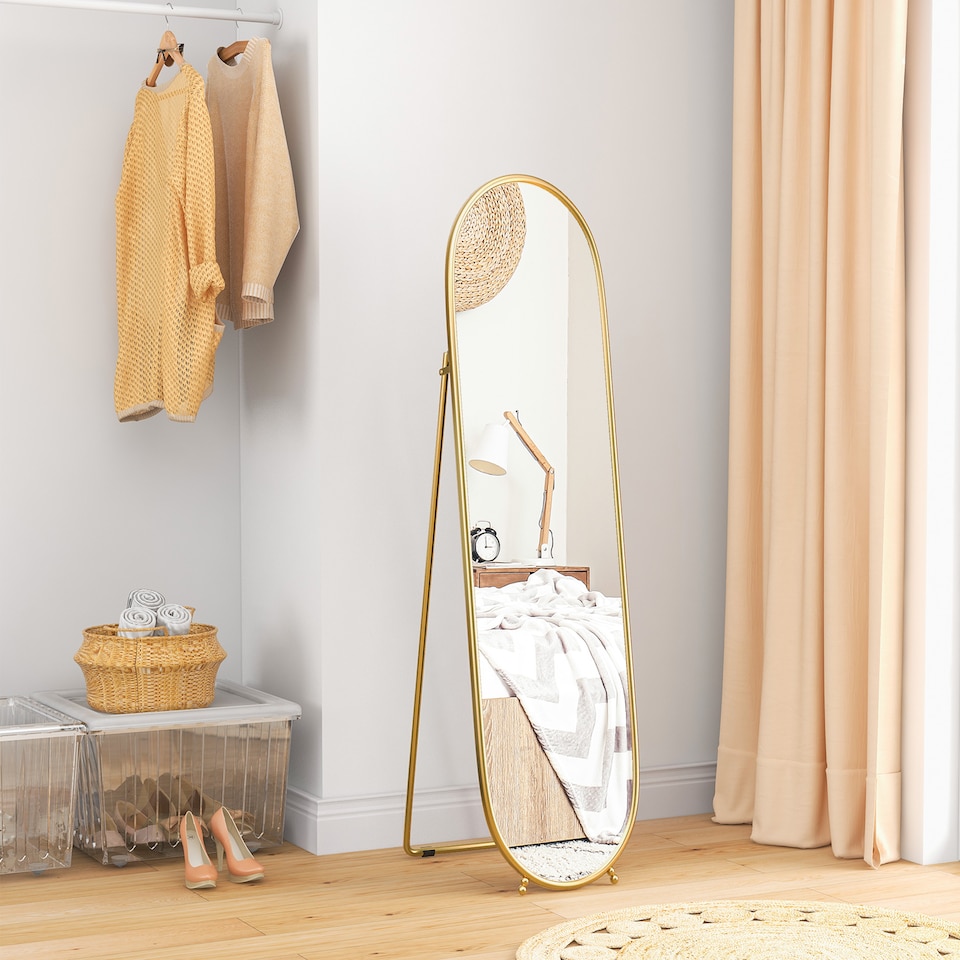 image 1 of HOMCOM 40  160cm Full Length Mirror, Floor Standing or Leaning Against Wall Tall Mirror with Support Frame, Oval Full Body Mirror for Bedroom, Living Room, Gold Tone