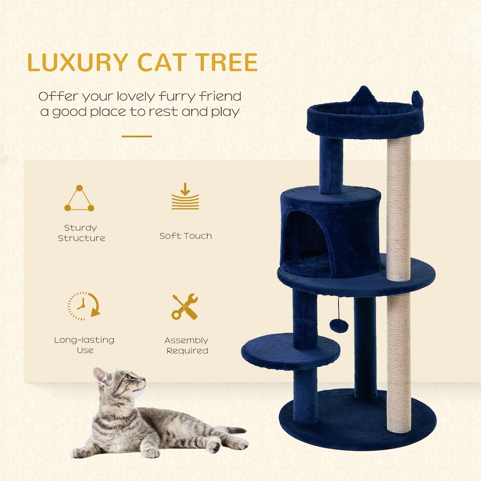 image 1 of PawHut 104cm Cat Tree Condo Tower with Scratching Post Perch Ball