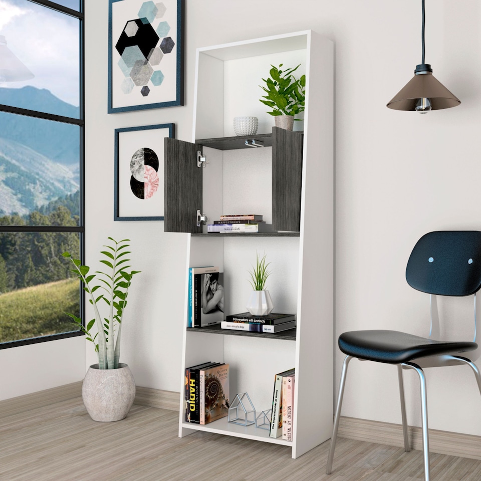 image 1 of Dallas White Bookcase With Doors - White and Carbon Grey Oak Effect with Modern Open-Plan Design | White | White & Carbon Grey | One Size | 1