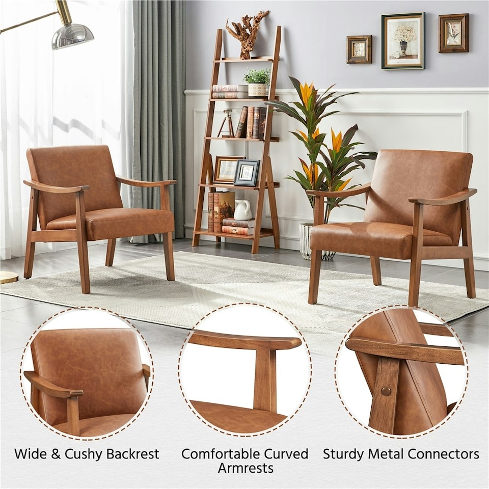 image 1 of Yaheetech Faux Leather Upholstered Armchair with Wood Legs | Brown | Light Brown