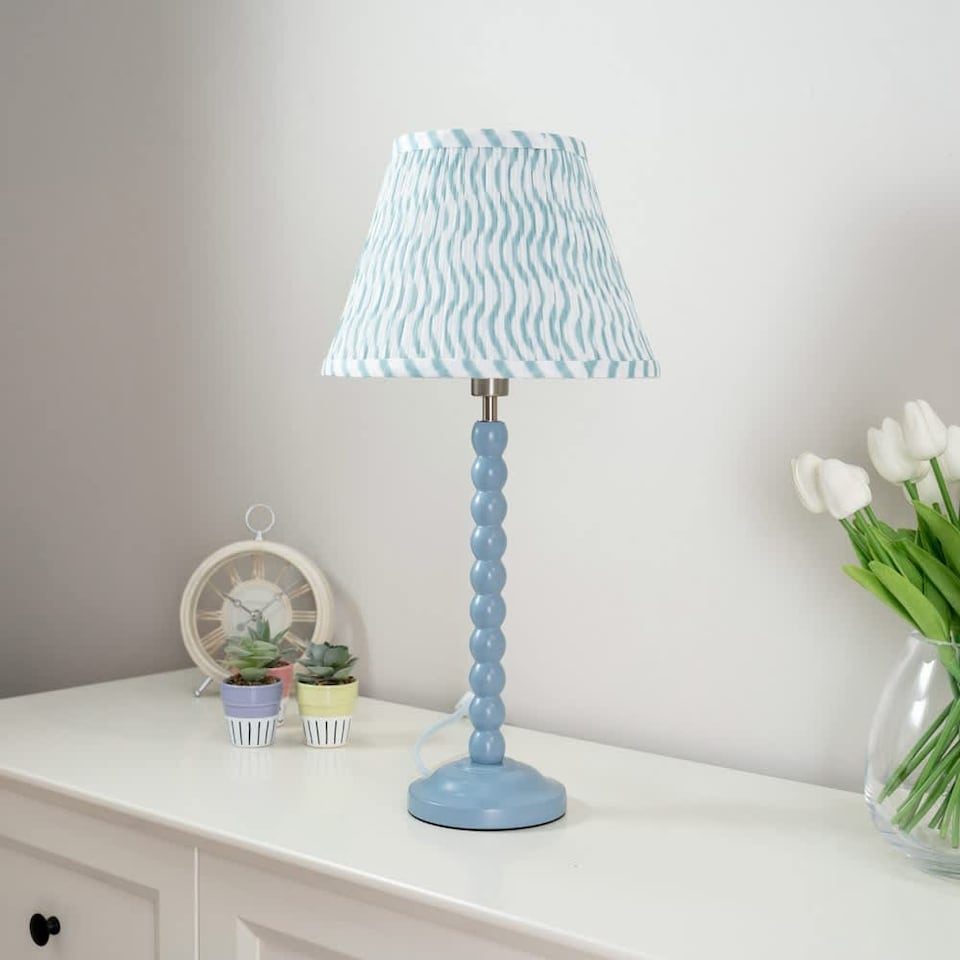 image 1 of ValueLights Bobbles Powder Blue Table Lamp Green Arrow Pleat Shade & Bulb | Green